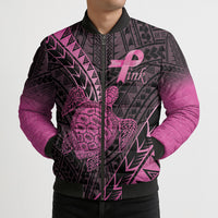 Breast Cancer Awareness Personalised Bomber Puffer Jacket Pink Ribbon Turtle Polynesian Pattern Black