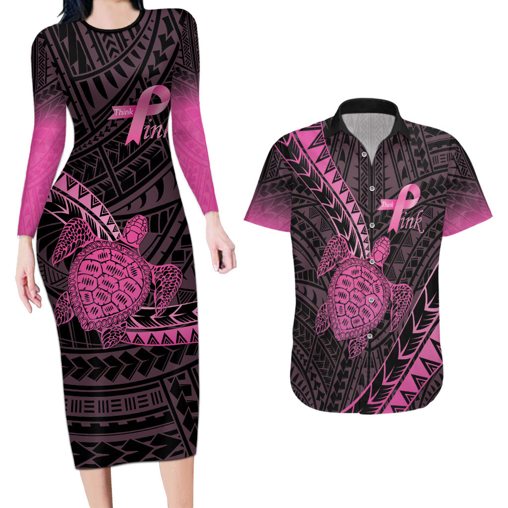 Breast Cancer Awareness Personalised Couples Matching Long Sleeve Bodycon Dress and Hawaiian Shirt Pink Ribbon Turtle Polynesian Pattern Black LT22 Pink - Polynesian Pride