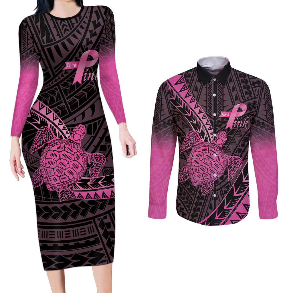 Breast Cancer Awareness Personalised Couples Matching Long Sleeve Bodycon Dress and Long Sleeve Button Shirt Pink Ribbon Turtle Polynesian Pattern Black LT22 Pink - Polynesian Pride
