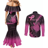Breast Cancer Awareness Personalised Couples Matching Mermaid Dress and Long Sleeve Button Shirt Pink Ribbon Turtle Polynesian Pattern Black