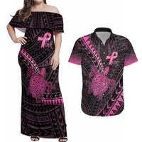 Breast Cancer Awareness Personalised Couples Matching Off Shoulder Maxi Dress and Hawaiian Shirt Pink Ribbon Turtle Polynesian Pattern Black LT22 Pink - Polynesian Pride