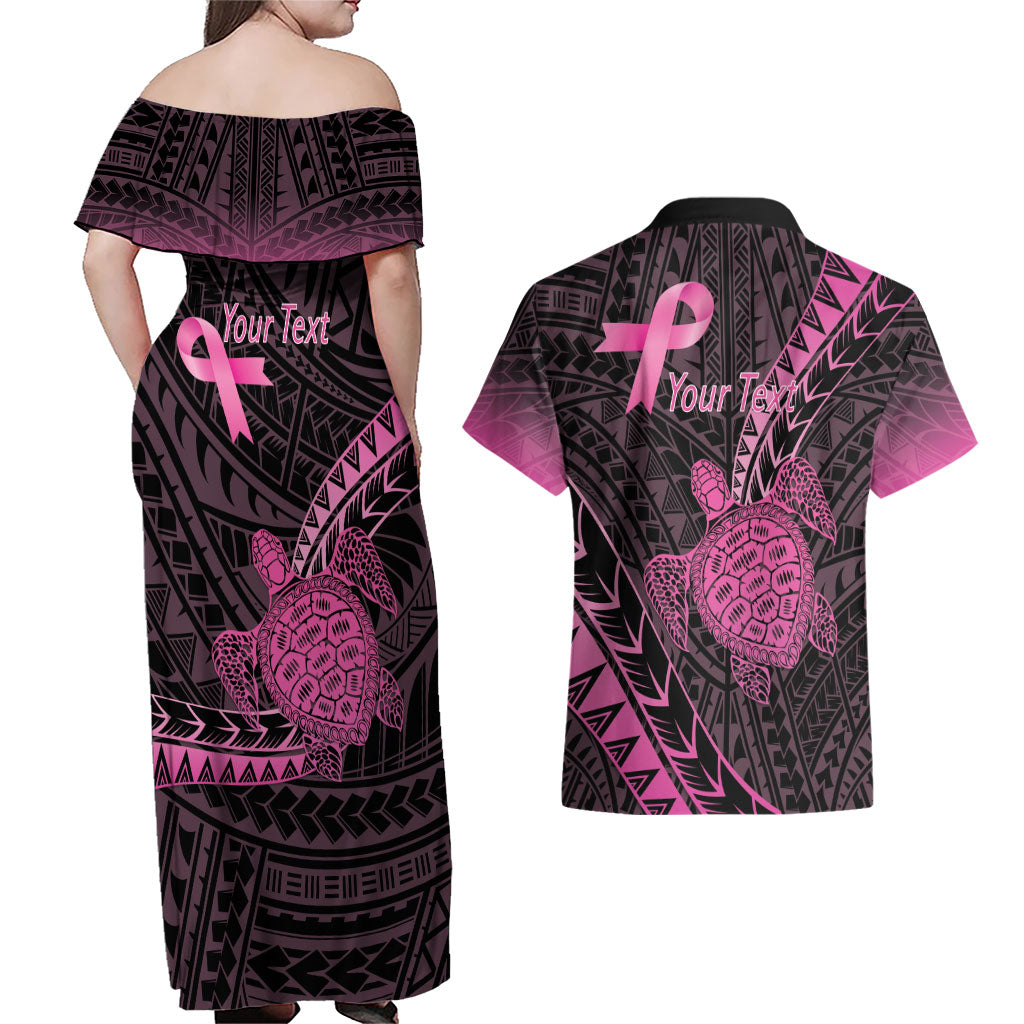 Breast Cancer Awareness Personalised Couples Matching Off Shoulder Maxi Dress and Hawaiian Shirt Pink Ribbon Turtle Polynesian Pattern Black LT22 - Polynesian Pride