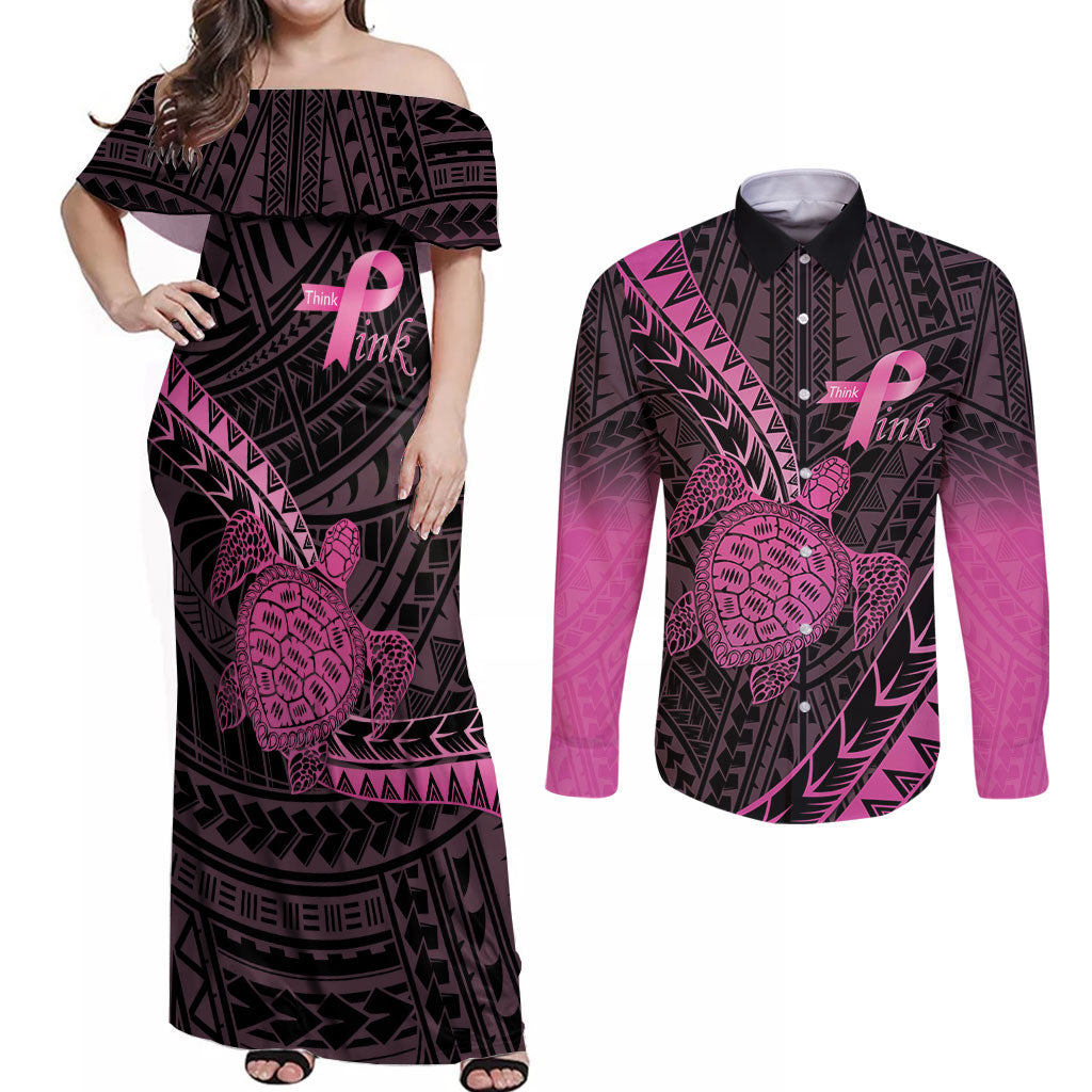Breast Cancer Awareness Personalised Couples Matching Off Shoulder Maxi Dress and Long Sleeve Button Shirt Pink Ribbon Turtle Polynesian Pattern Black