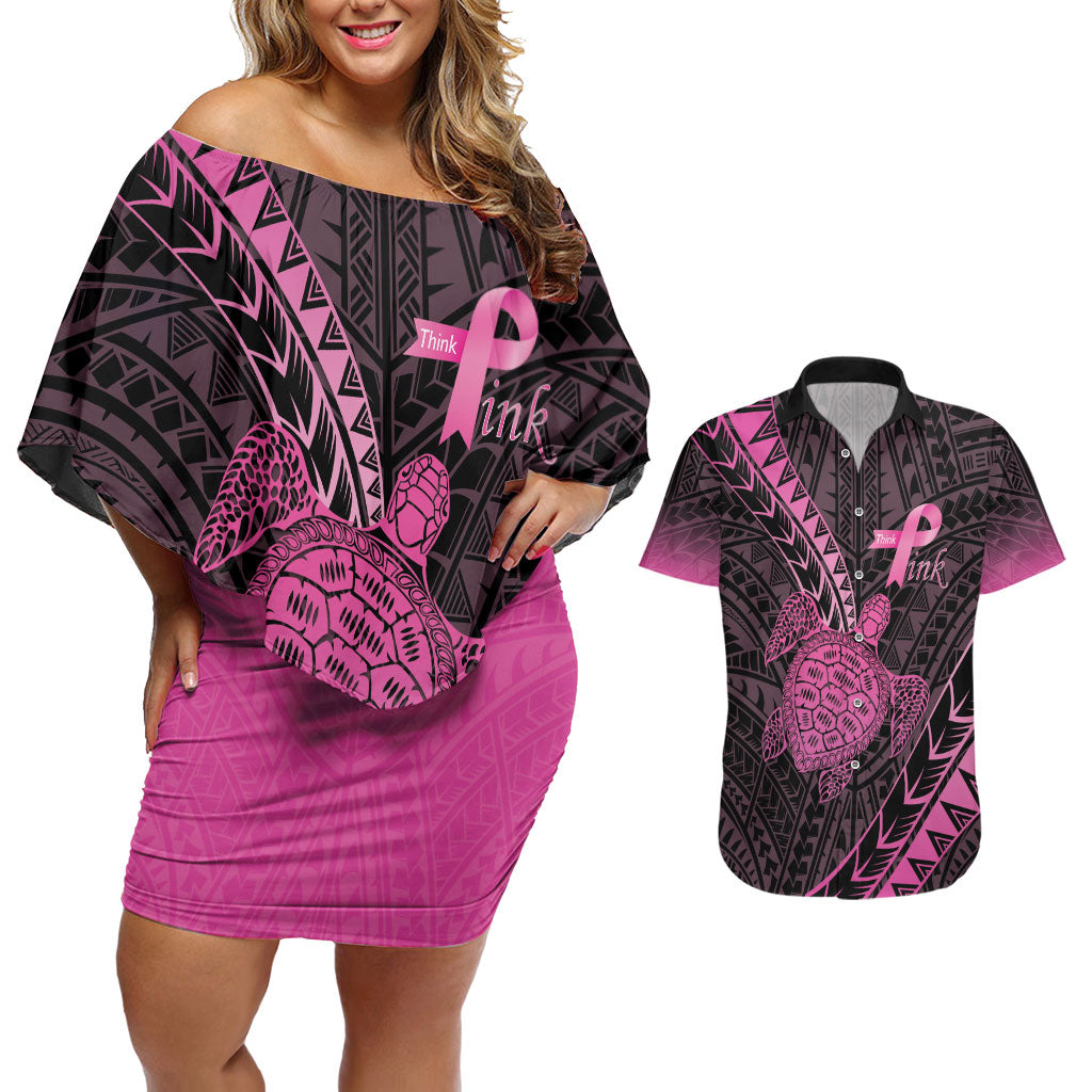 Breast Cancer Awareness Personalised Couples Matching Off Shoulder Short Dress and Hawaiian Shirt Pink Ribbon Turtle Polynesian Pattern Black LT22 Pink - Polynesian Pride