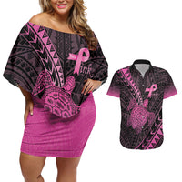 Breast Cancer Awareness Personalised Couples Matching Off Shoulder Short Dress and Hawaiian Shirt Pink Ribbon Turtle Polynesian Pattern Black LT22 Pink - Polynesian Pride