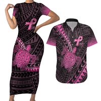Breast Cancer Awareness Personalised Couples Matching Short Sleeve Bodycon Dress and Hawaiian Shirt Pink Ribbon Turtle Polynesian Pattern Black LT22 Pink - Polynesian Pride