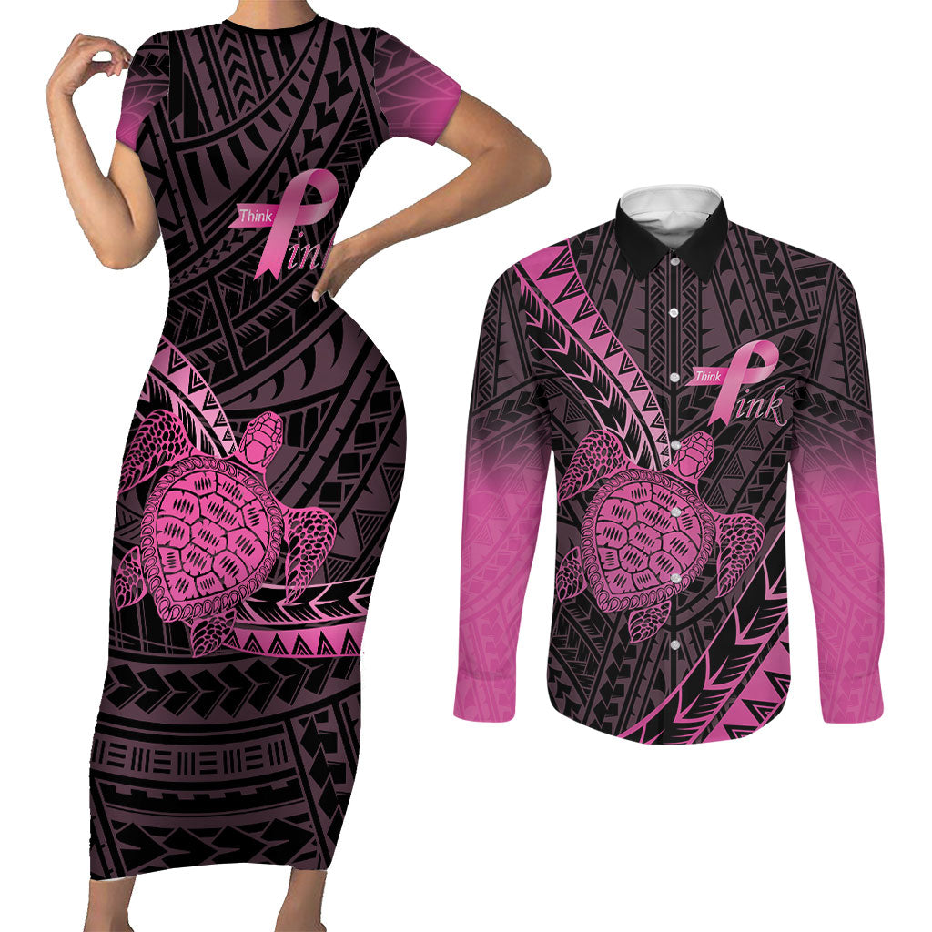 Breast Cancer Awareness Personalised Couples Matching Short Sleeve Bodycon Dress and Long Sleeve Button Shirt Pink Ribbon Turtle Polynesian Pattern Black LT22 Pink - Polynesian Pride