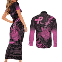 Breast Cancer Awareness Personalised Couples Matching Short Sleeve Bodycon Dress and Long Sleeve Button Shirt Pink Ribbon Turtle Polynesian Pattern Black LT22 - Polynesian Pride