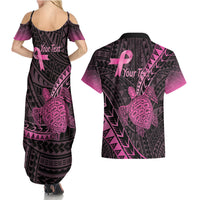 Breast Cancer Awareness Personalised Couples Matching Summer Maxi Dress and Hawaiian Shirt Pink Ribbon Turtle Polynesian Pattern Black LT22 - Polynesian Pride