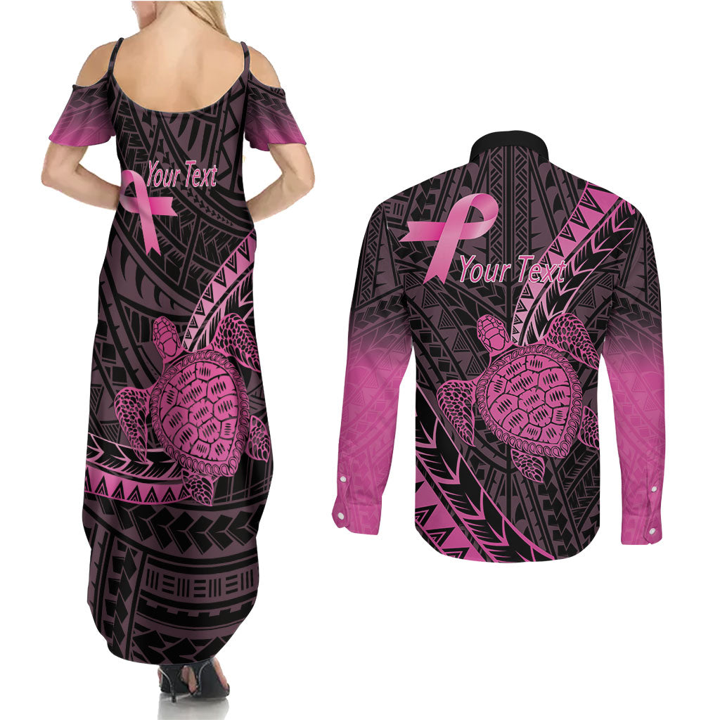 Breast Cancer Awareness Personalised Couples Matching Summer Maxi Dress and Long Sleeve Button Shirt Pink Ribbon Turtle Polynesian Pattern Black