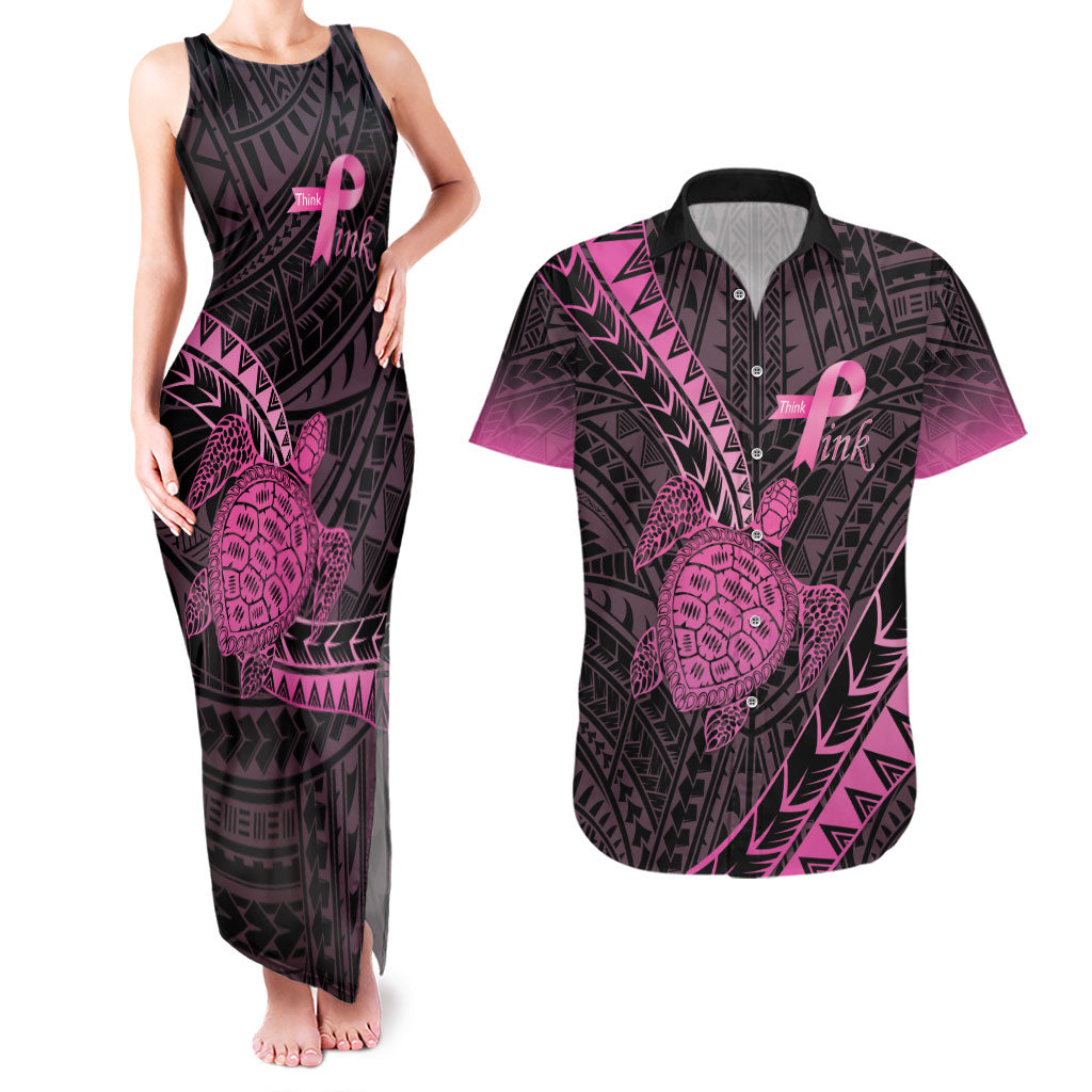 Breast Cancer Awareness Personalised Couples Matching Tank Maxi Dress and Hawaiian Shirt Pink Ribbon Turtle Polynesian Pattern Black LT22 Pink - Polynesian Pride