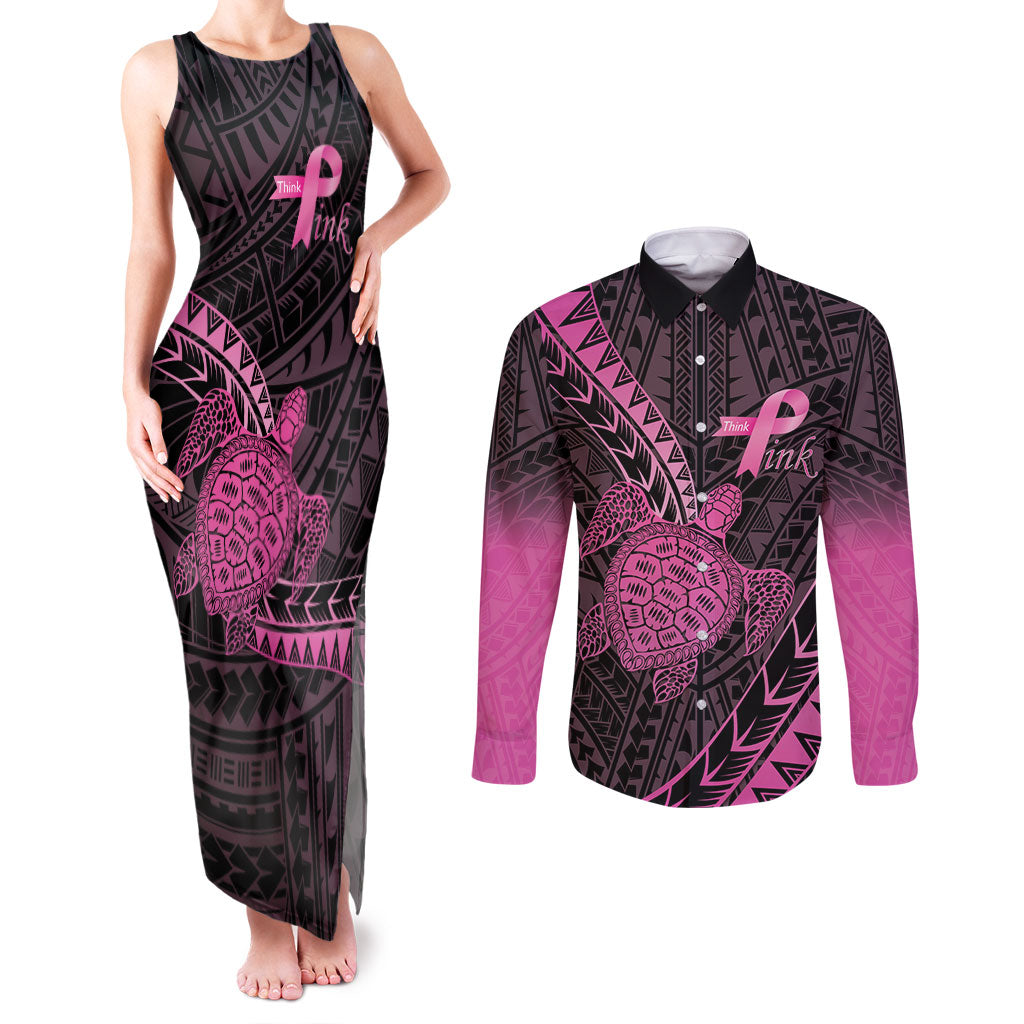 Breast Cancer Awareness Personalised Couples Matching Tank Maxi Dress and Long Sleeve Button Shirt Pink Ribbon Turtle Polynesian Pattern Black