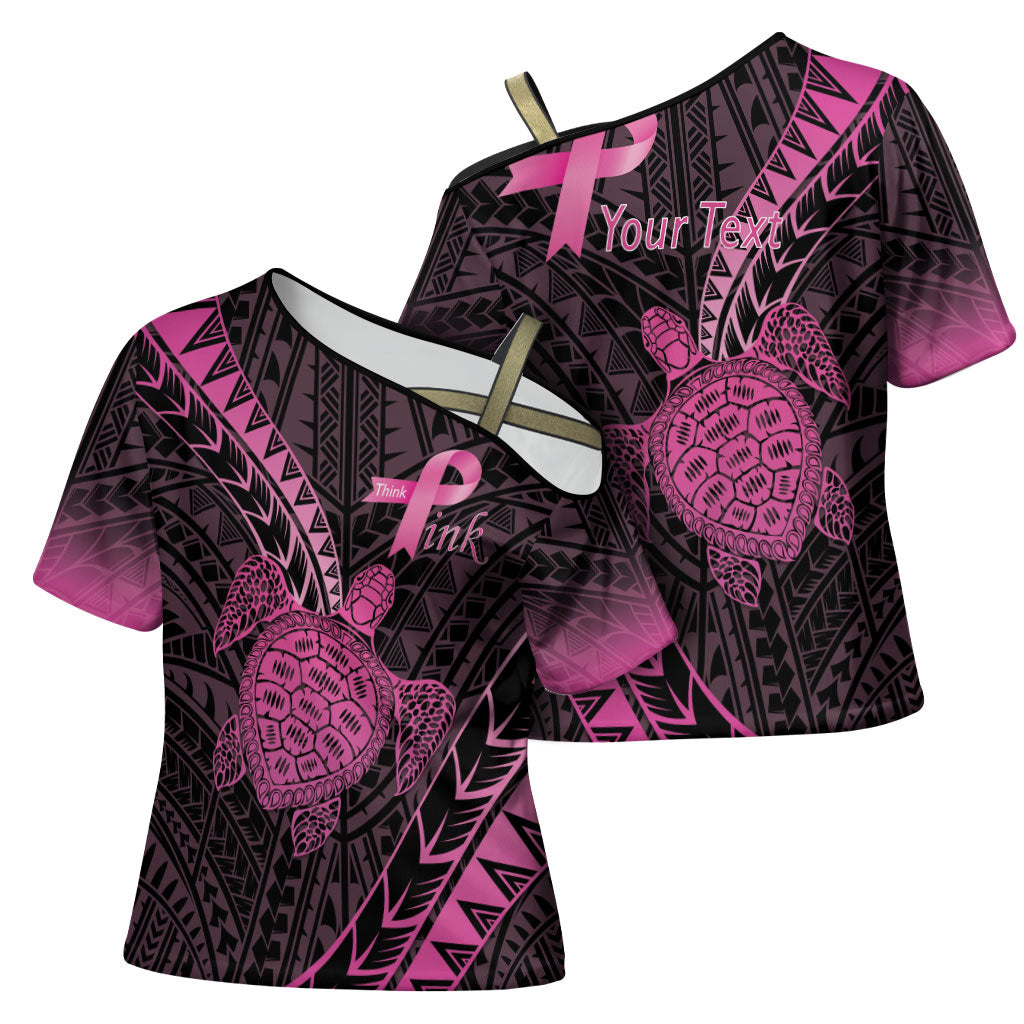 Breast Cancer Awareness Personalised Cross Shoulder Shirt Pink Ribbon Turtle Polynesian Pattern Black