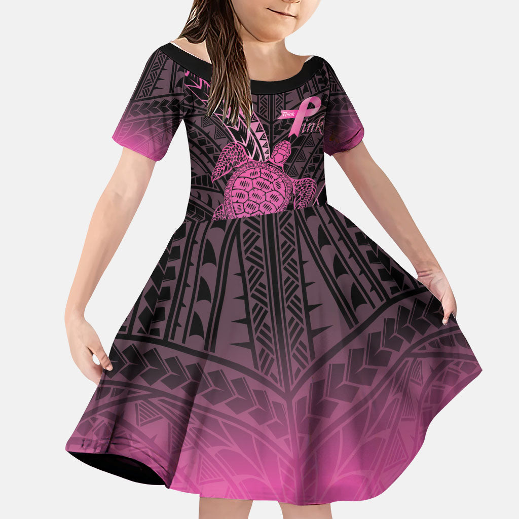 Breast Cancer Awareness Personalised Family Matching Long Sleeve Bodycon Dress and Hawaiian Shirt Pink Ribbon Turtle Polynesian Pattern Black LT22 Daughter's Dress Pink - Polynesian Pride