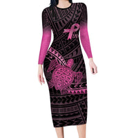 Breast Cancer Awareness Personalised Family Matching Long Sleeve Bodycon Dress and Hawaiian Shirt Pink Ribbon Turtle Polynesian Pattern Black LT22 Mom's Dress Pink - Polynesian Pride