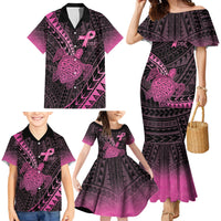 Breast Cancer Awareness Personalised Family Matching Mermaid Dress and Hawaiian Shirt Pink Ribbon Turtle Polynesian Pattern Black LT22 - Polynesian Pride