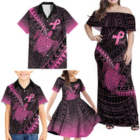 Breast Cancer Awareness Personalised Family Matching Off Shoulder Maxi Dress and Hawaiian Shirt Pink Ribbon Turtle Polynesian Pattern Black LT22 - Polynesian Pride