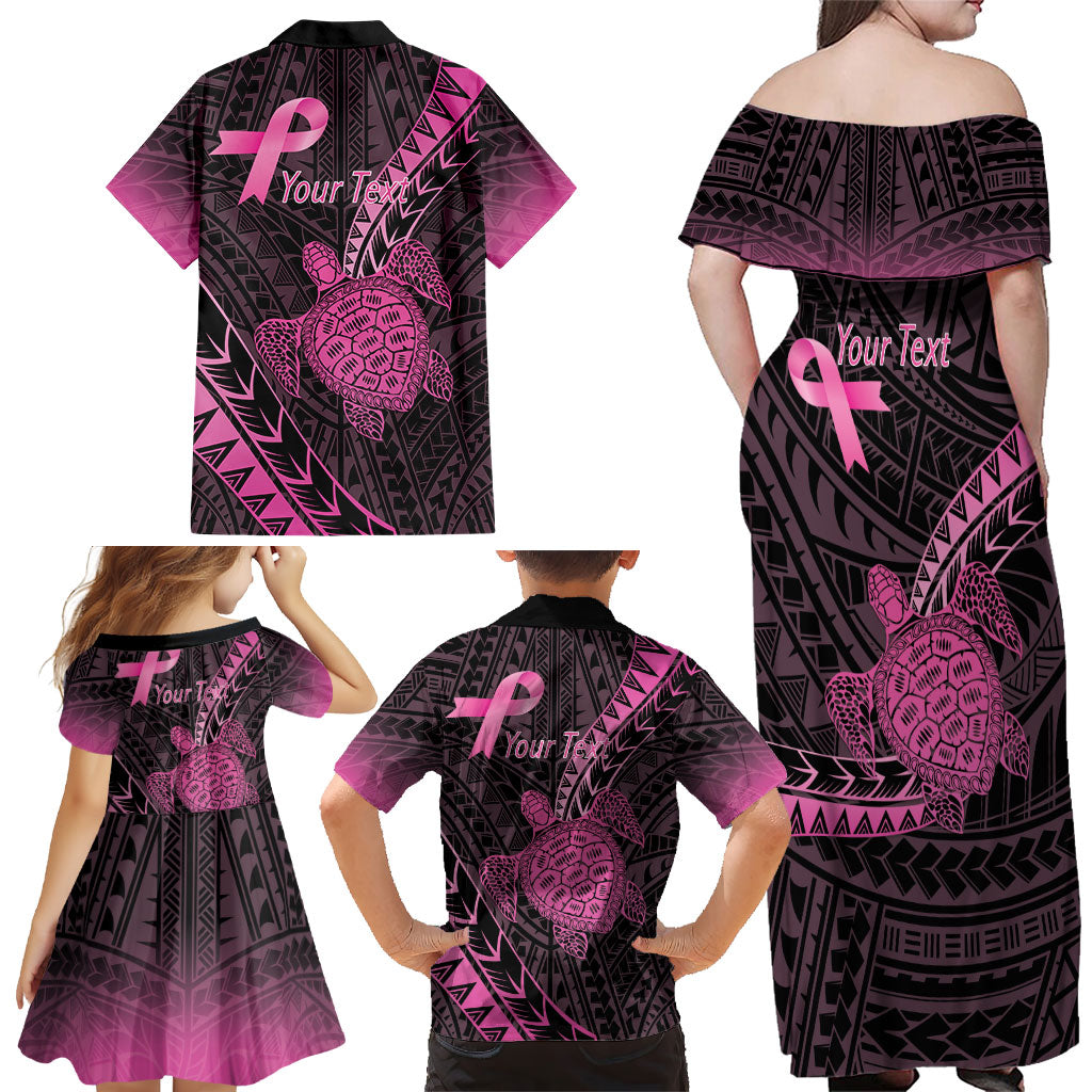 Breast Cancer Awareness Personalised Family Matching Off Shoulder Maxi Dress and Hawaiian Shirt Pink Ribbon Turtle Polynesian Pattern Black LT22 - Polynesian Pride