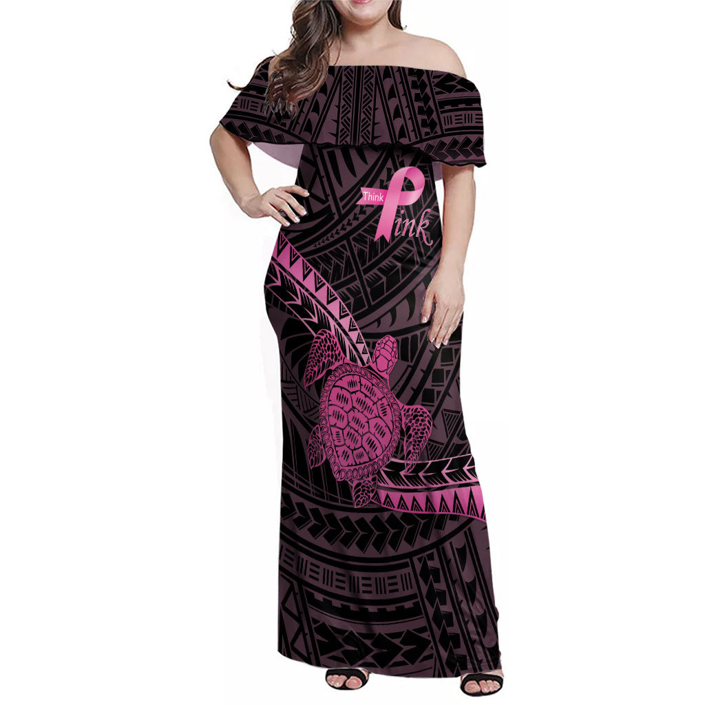 Breast Cancer Awareness Personalised Family Matching Off Shoulder Maxi Dress and Hawaiian Shirt Pink Ribbon Turtle Polynesian Pattern Black LT22 Mom's Dress Pink - Polynesian Pride
