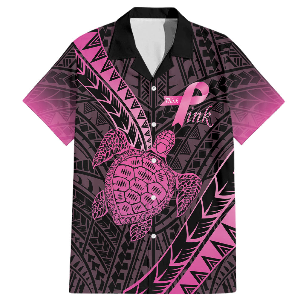 Breast Cancer Awareness Personalised Family Matching Off Shoulder Short Dress and Hawaiian Shirt Pink Ribbon Turtle Polynesian Pattern Black LT22 Dad's Shirt - Short Sleeve Pink - Polynesian Pride