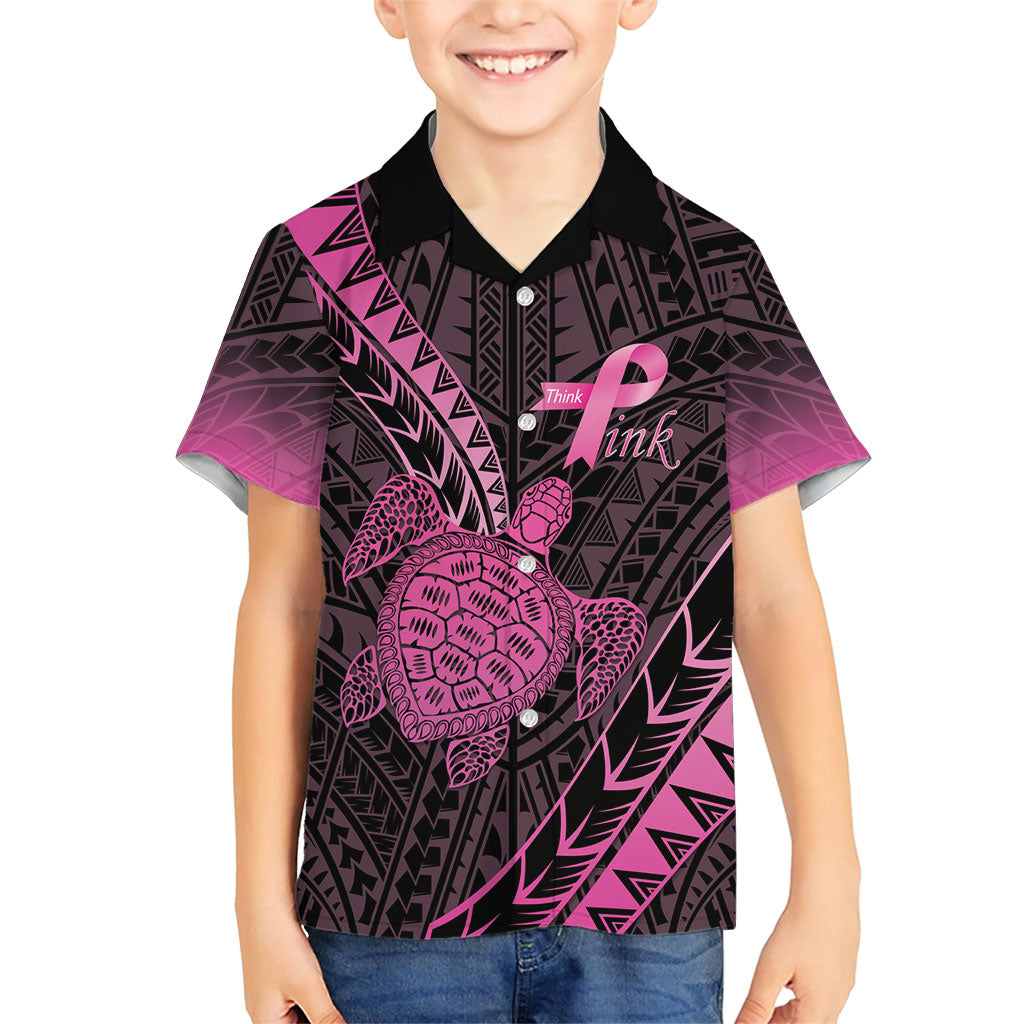 Breast Cancer Awareness Personalised Family Matching Off Shoulder Short Dress and Hawaiian Shirt Pink Ribbon Turtle Polynesian Pattern Black LT22 Son's Shirt Pink - Polynesian Pride