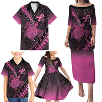 Breast Cancer Awareness Personalised Family Matching Puletasi and Hawaiian Shirt Pink Ribbon Turtle Polynesian Pattern Black LT22 - Polynesian Pride