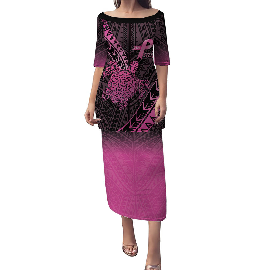 Breast Cancer Awareness Personalised Family Matching Puletasi and Hawaiian Shirt Pink Ribbon Turtle Polynesian Pattern Black LT22 Mom's Dress Pink - Polynesian Pride