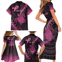 Breast Cancer Awareness Personalised Family Matching Short Sleeve Bodycon Dress and Hawaiian Shirt Pink Ribbon Turtle Polynesian Pattern Black LT22 - Polynesian Pride
