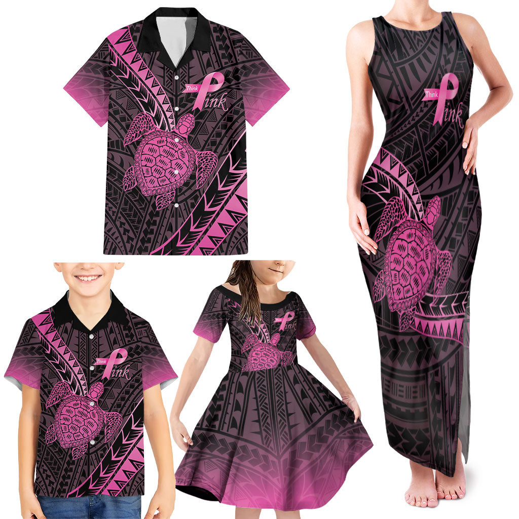 Breast Cancer Awareness Personalised Family Matching Tank Maxi Dress and Hawaiian Shirt Pink Ribbon Turtle Polynesian Pattern Black LT22 - Polynesian Pride