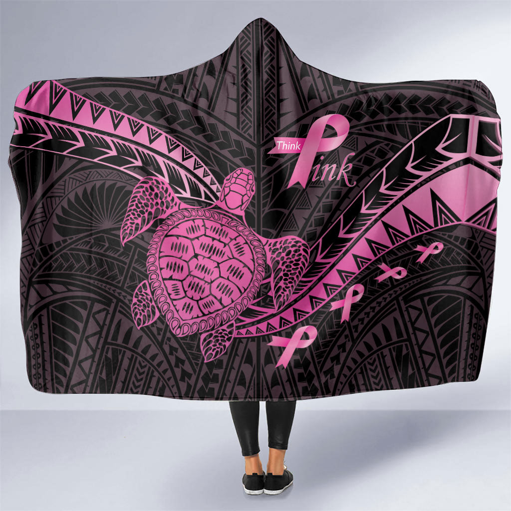 Breast Cancer Awareness Hooded Blanket Pink Ribbon Turtle Polynesian Pattern Black