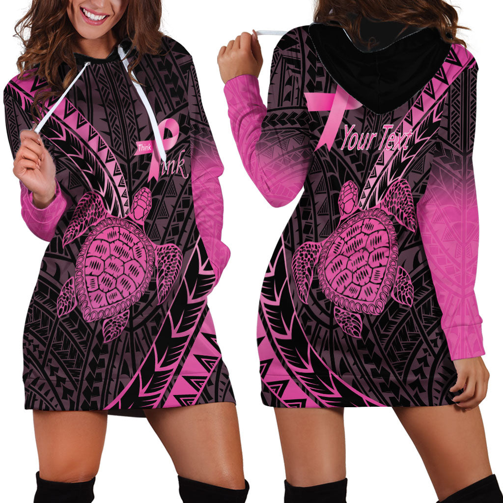 Breast Cancer Awareness Personalised Hoodie Dress Pink Ribbon Turtle Polynesian Pattern Black
