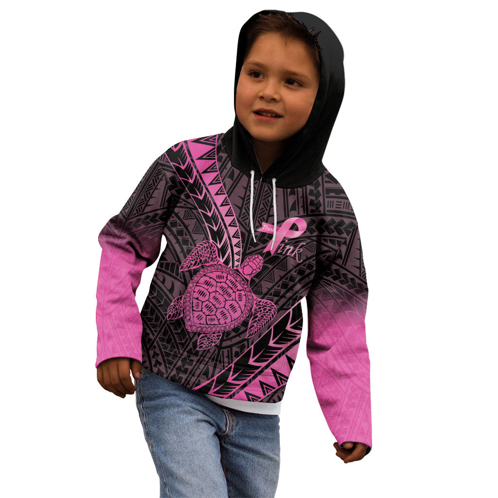 Breast Cancer Awareness Personalised Kid Hoodie Pink Ribbon Turtle Polynesian Pattern Black