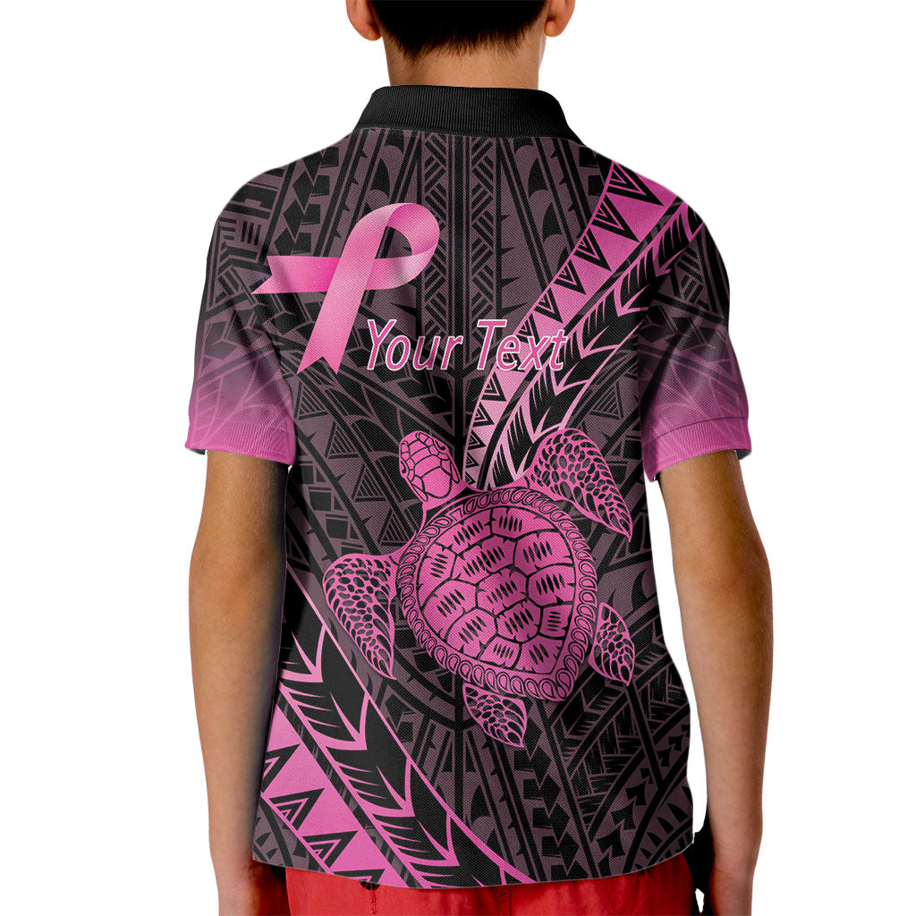 Breast Cancer Awareness Personalised Kid Polo Shirt Pink Ribbon Turtle Polynesian Pattern Black