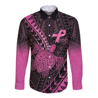 Breast Cancer Awareness Personalised Long Sleeve Button Shirt Pink Ribbon Turtle Polynesian Pattern Black