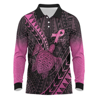 Breast Cancer Awareness Personalised Long Sleeve Polo Shirt Pink Ribbon Turtle Polynesian Pattern Black