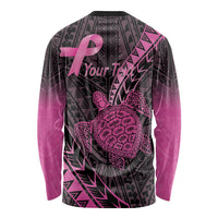 Breast Cancer Awareness Personalised Long Sleeve Shirt Pink Ribbon Turtle Polynesian Pattern Black
