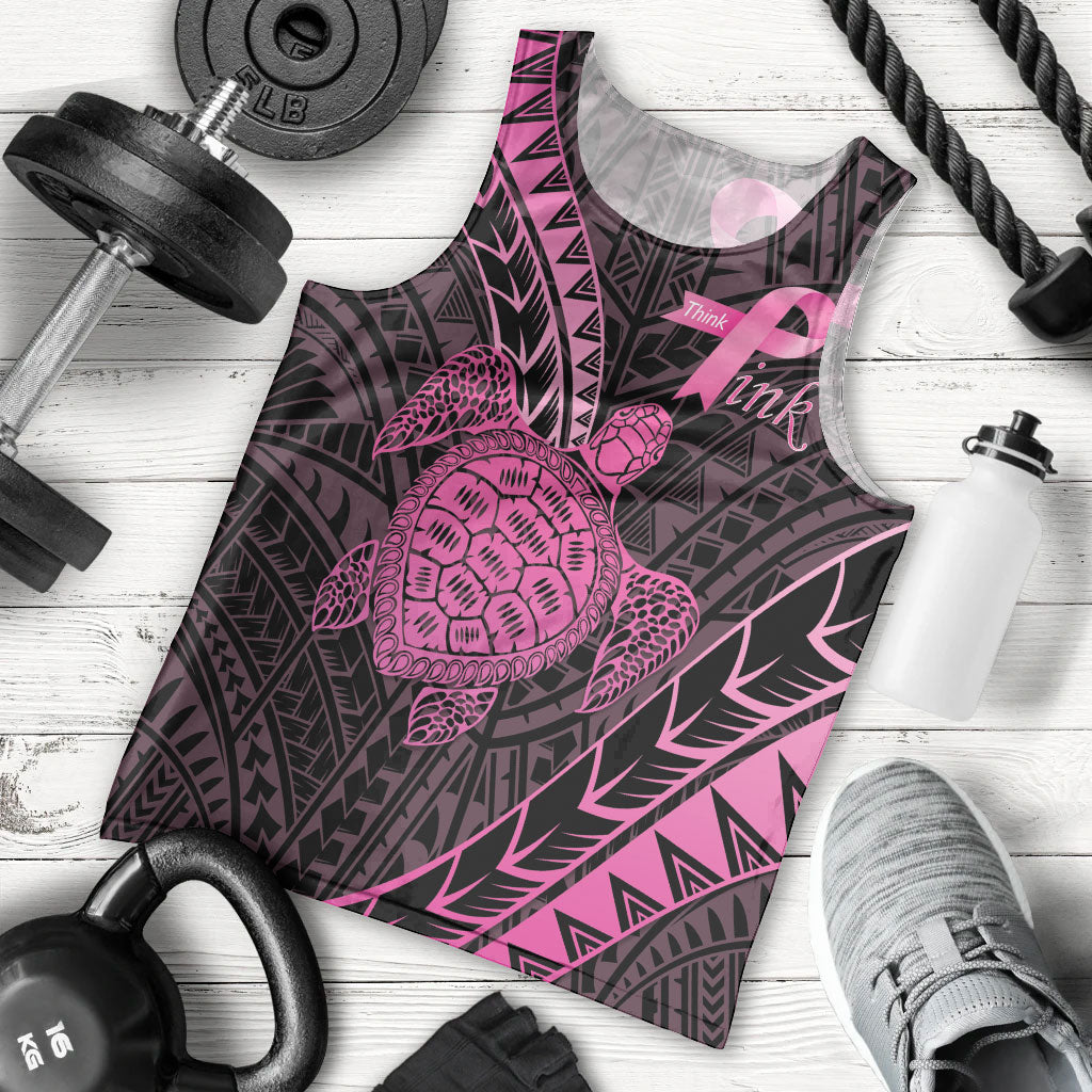 Breast Cancer Awareness Personalised Men Tank Top Pink Ribbon Turtle Polynesian Pattern Black