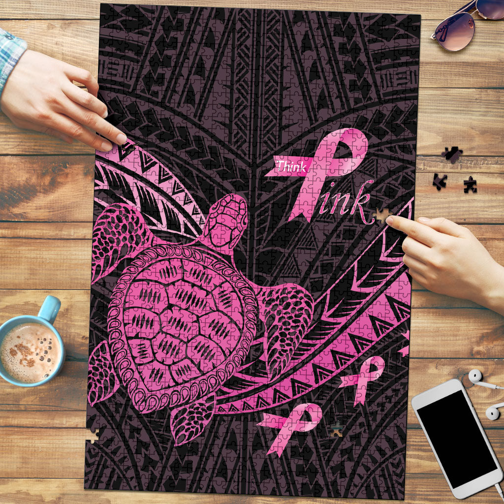 Breast Cancer Awareness Puzzle Pink Ribbon Turtle Polynesian Pattern Black