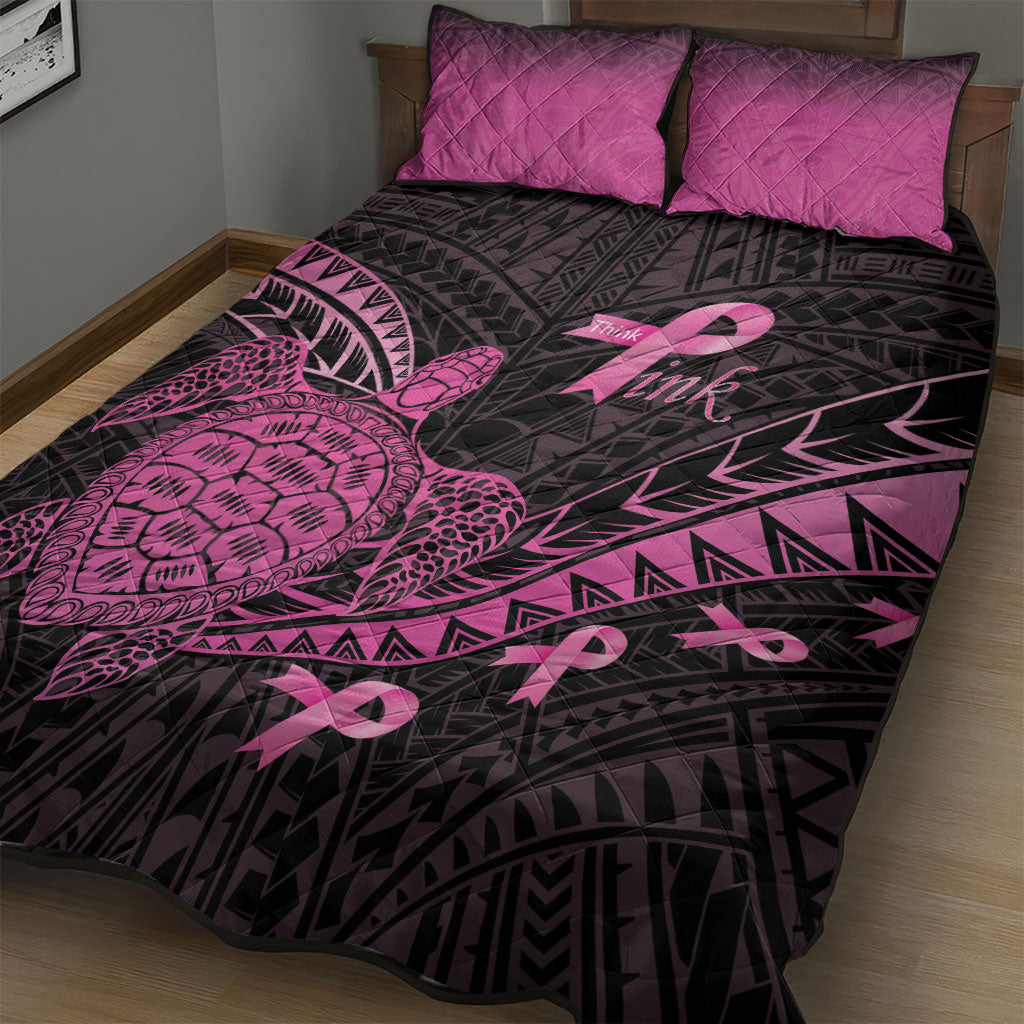 Breast Cancer Awareness Quilt Bed Set Pink Ribbon Turtle Polynesian Pattern Black
