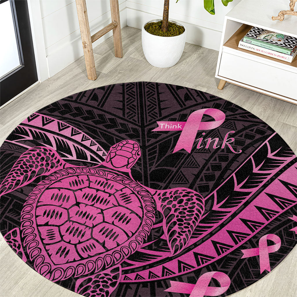 Breast Cancer Awareness Round Carpet Pink Ribbon Turtle Polynesian Pattern Black
