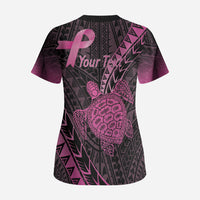 Breast Cancer Awareness Personalised Scrub Top Pink Ribbon Turtle Polynesian Pattern Black
