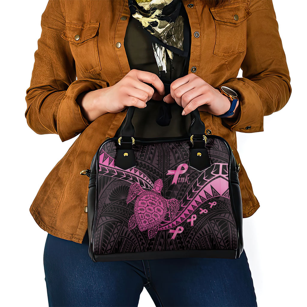 Breast Cancer Awareness Shoulder Handbag Pink Ribbon Turtle Polynesian Pattern Black