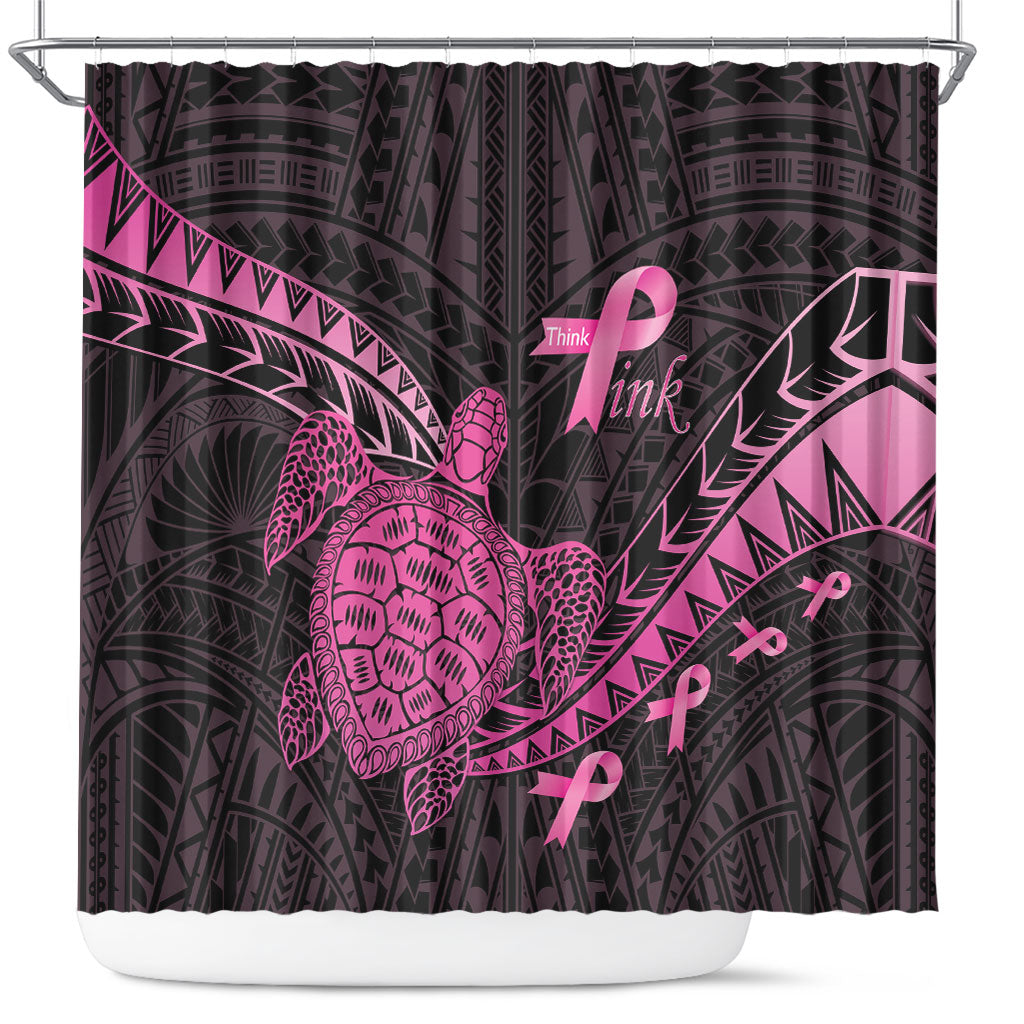 Breast Cancer Awareness Shower Curtain Pink Ribbon Turtle Polynesian Pattern Black