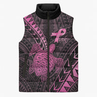 Breast Cancer Awareness Personalised Sleeveless Puffer Jacket Pink Ribbon Turtle Polynesian Pattern Black