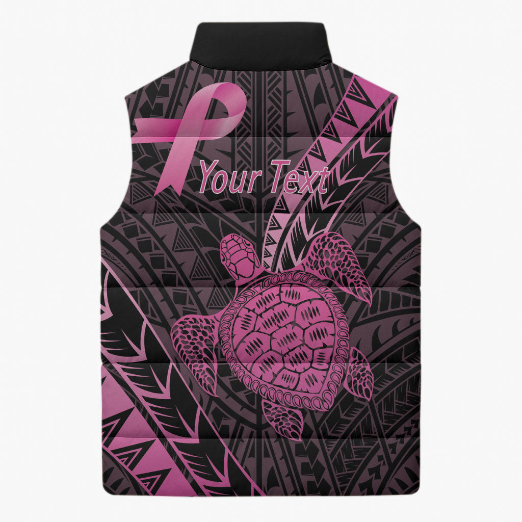 Breast Cancer Awareness Personalised Sleeveless Puffer Jacket Pink Ribbon Turtle Polynesian Pattern Black