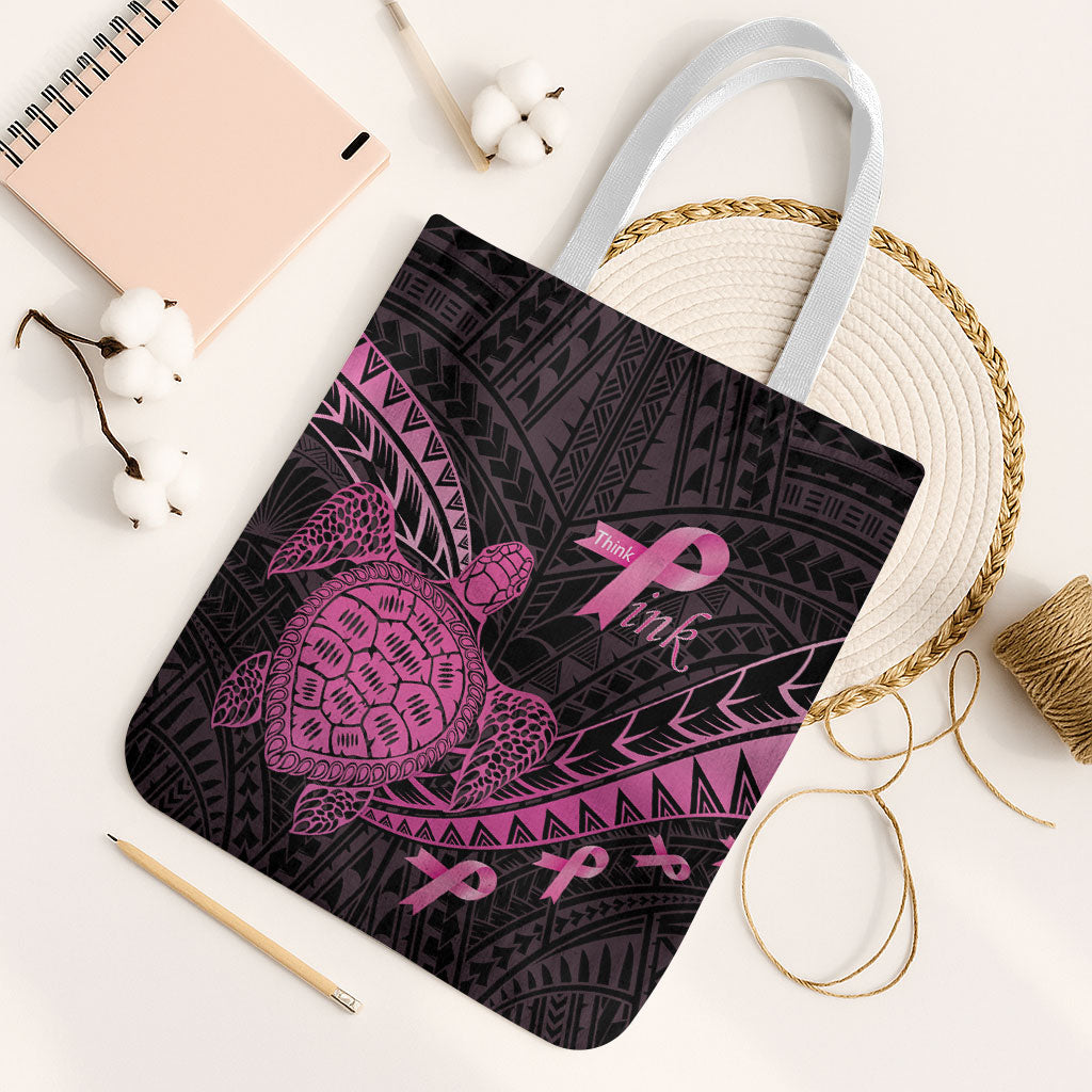 Breast Cancer Awareness Tote Bag Pink Ribbon Turtle Polynesian Pattern Black