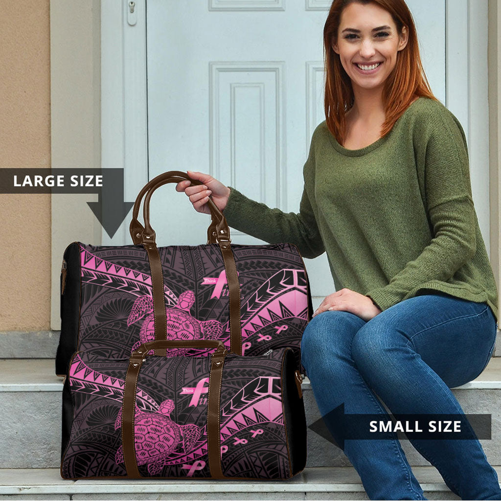 Breast Cancer Awareness Travel Bag Pink Ribbon Turtle Polynesian Pattern Black