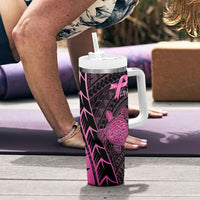 Breast Cancer Awareness Personalised Tumbler With Handle Pink Ribbon Turtle Polynesian Pattern Black