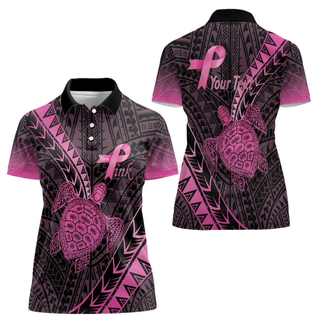 Breast Cancer Awareness Personalised Women Polo Shirt Pink Ribbon Turtle Polynesian Pattern Black