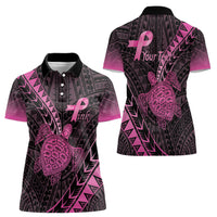 Breast Cancer Awareness Personalised Women Polo Shirt Pink Ribbon Turtle Polynesian Pattern Black